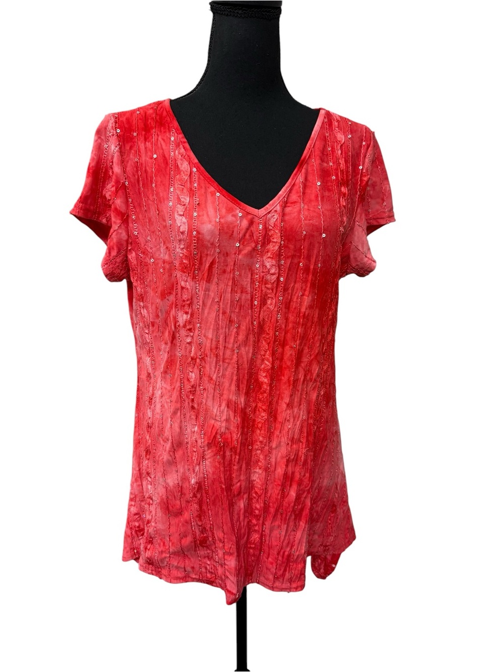Chances R Coral Embellished V-Neck Tee Large Short Sleeve Casual Boho Top